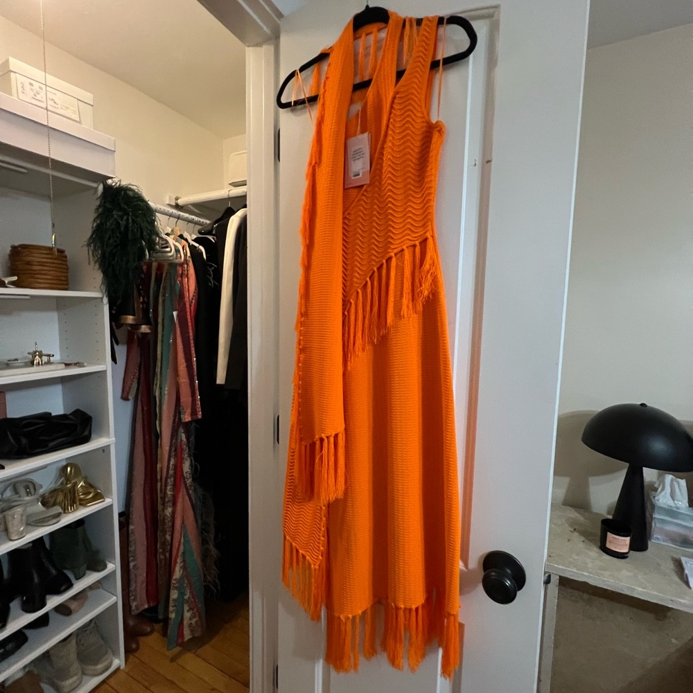 Cult Gaia One-Shoulder Fringe Knit Dress in Bright Orange - Picture 3 of 3